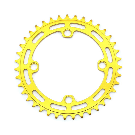 Yoshoka Chainrings Colour by SSS Racing: gold anodized aluminum chainring with slim oval cutouts and sharp teeth, robust.