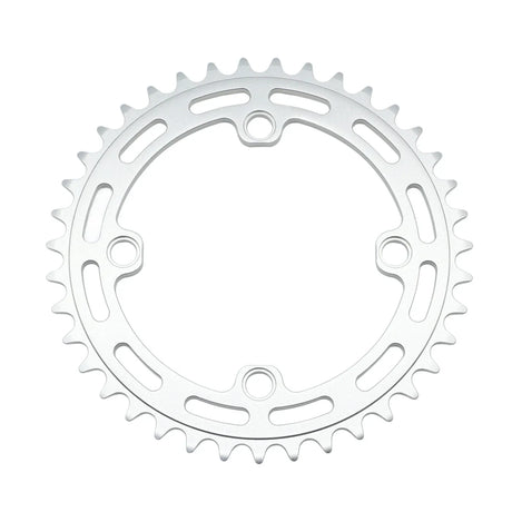 Yoshoka Chainrings Colour by SSS Racing: polished silver aluminum chainring with round mounting holes and elongated cutouts.