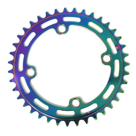 Yoshoka Chainrings Colour by SSS Racing with iridescent rainbow finish, steel alloy body, round sprocket teeth and cutouts.