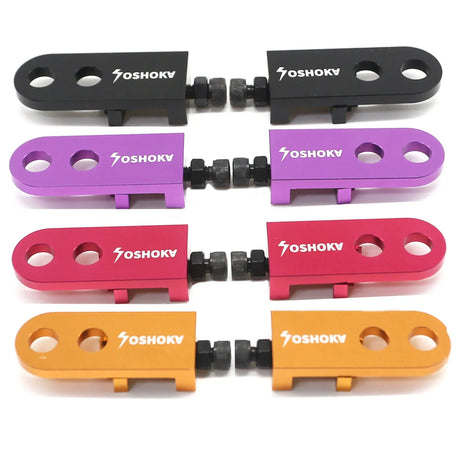 Yoshoka Two-Hole Chain Tensioner from SSS Racing, aluminum, black with purple or orange finish; dual holes, bolt adjusters.