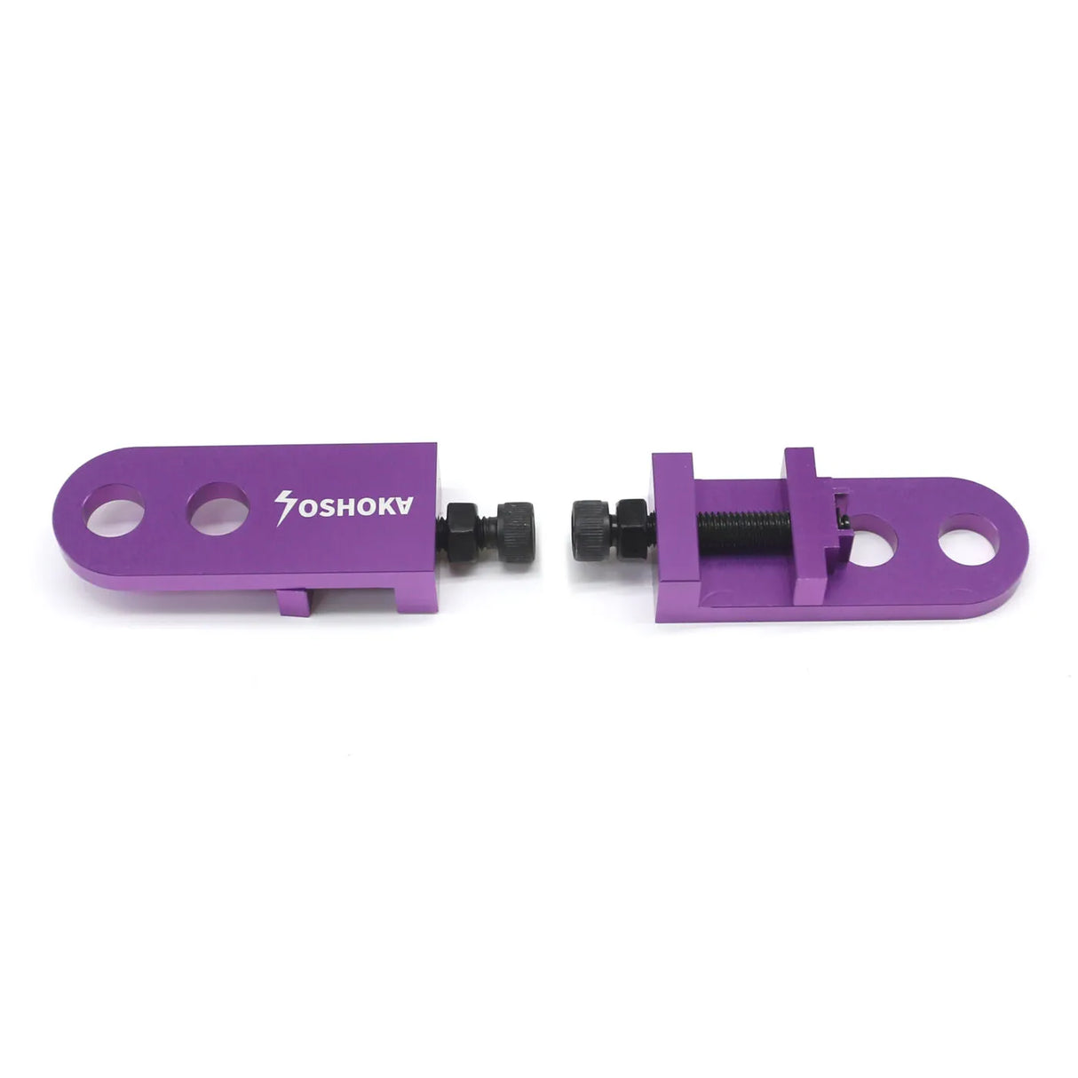 Yoshoka Two-Hole Chain Tensioner by SSS Racing in purple aluminum, black screws, dual-hole clamp, compact precision kit.