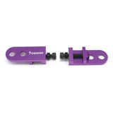 Yoshoka Two-Hole Chain Tensioner by SSS Racing in purple aluminum, black screws, dual-hole clamp, compact precision kit.