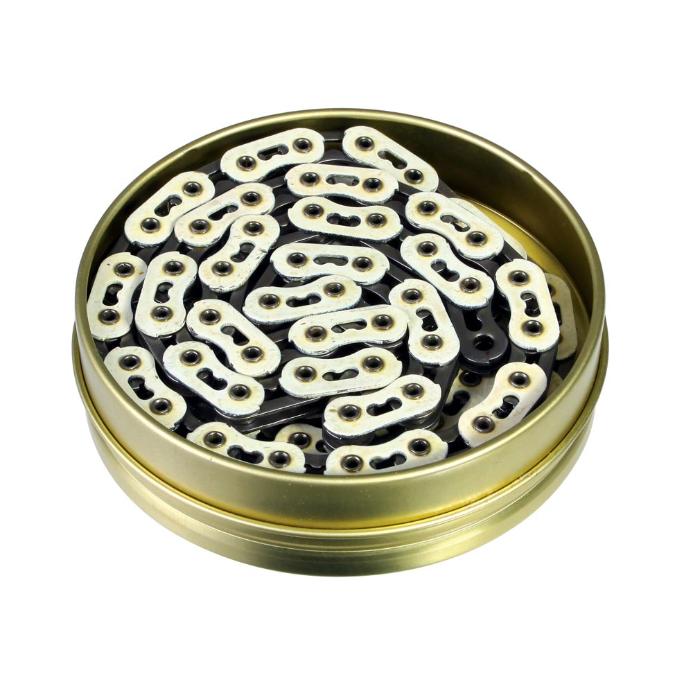 SSS Racing Gusset Badger Chain 1/8" brass-gold tin with silver links, black spacers, compact automotive chain hardware gear