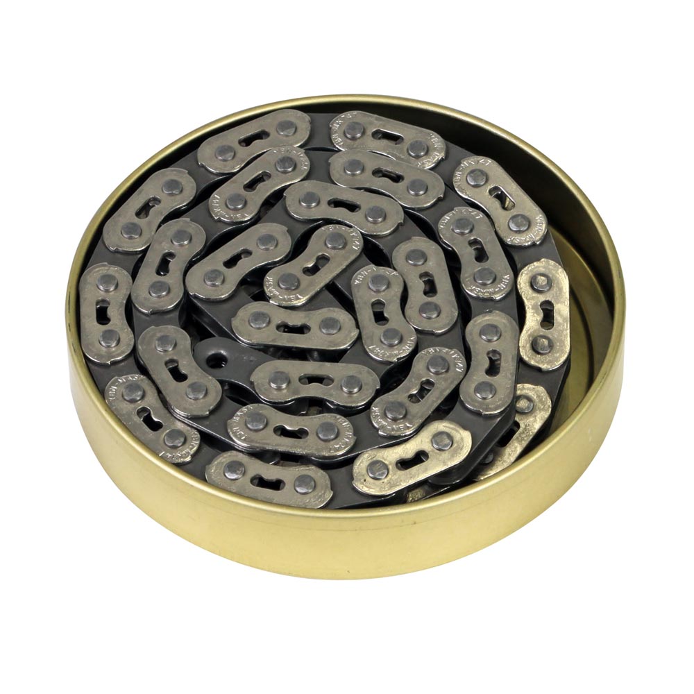 Gusset MX Chain 3/32" black and silver metal links with exposed pins, stainless steel, SSS Racing branding, compact coil.