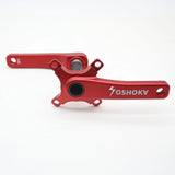 SSS Racing Yoshoka 2-Piece Cranks (HX2) red anodized aluminum, matte finish, black bearings, precise mounts, bold branding.