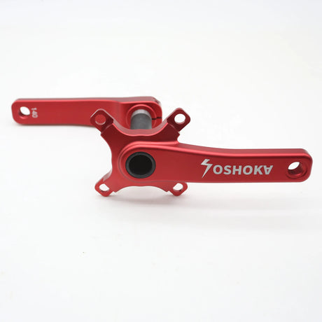 SSS Racing Yoshoka 2-Piece Cranks (HX2) red anodized aluminum, matte finish, black bearings, precise mounts, bold branding.