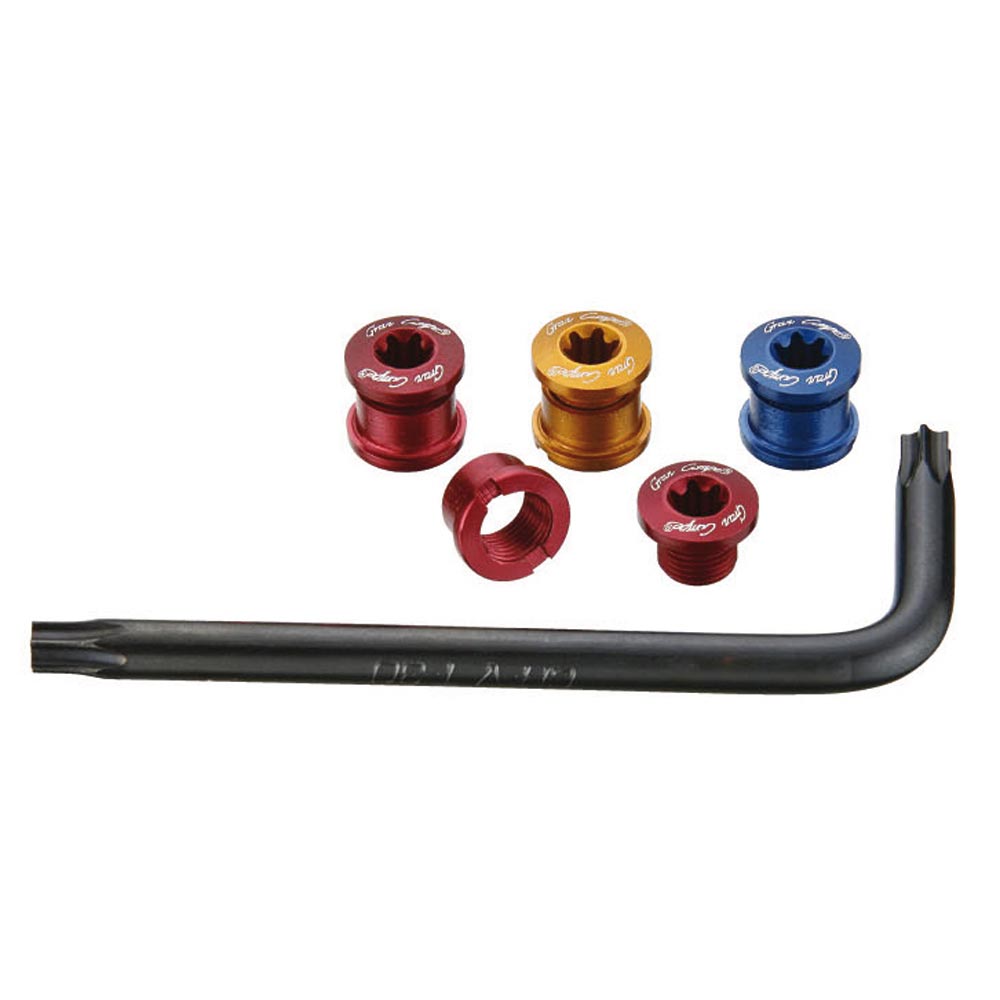 Dia-Compe Chainring Bolts 6.5mm SSS Racing: red, gold, blue anodized aluminum bolts with knurled tops and included hex wrench