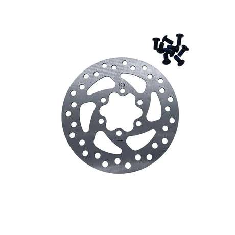 Yoshoka BMX Disc Brake Rotor, circular silver rotor with perforated holes and mounting holes, plus black screws around edge