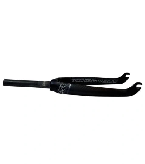 Bombshell Carbon Fork F18 Tapered 1-1/8" black carbon with white SSS Racing logo, Bombshell branding, matte subtle finish.
