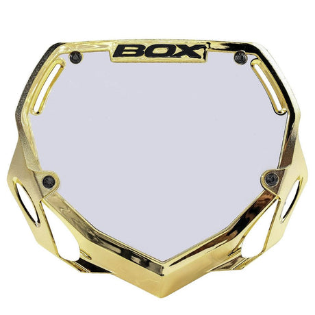 Box Two BMX Number Plates (Chrome) by SSS Racing: polished chrome, bold BOX logo, octagonal frame, metallic gold accents