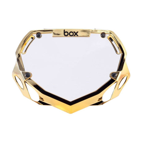 Box Two BMX Number Plates (Chrome) by SSS Racing on a gold frame with white insert, octagonal shield, riveted screws chrome