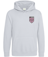 SSS Kids Hoodie (Unisex) in gray, soft cotton blend by SSS Racing, pink shield logo on chest, ribbed cuffs, kangaroo pocket