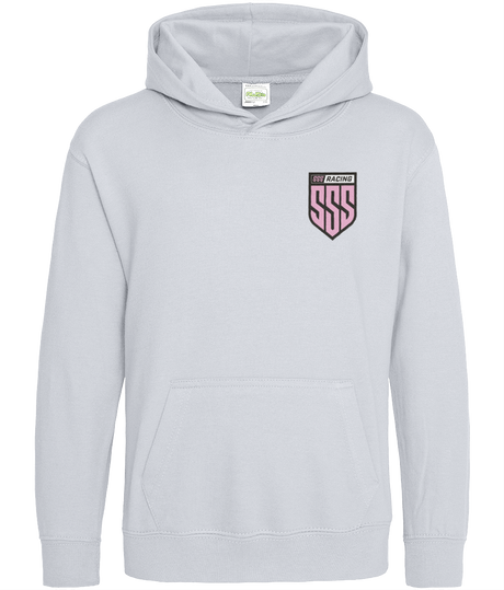 SSS Kids Hoodie (Unisex) in gray, soft cotton blend by SSS Racing, pink shield logo on chest, ribbed cuffs, kangaroo pocket
