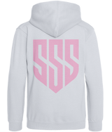 SSS Racing SSS Kids Hoodie (Unisex) white cotton fleece pink shield graphic ribbed cuffs and hem for durable, comfy wear.