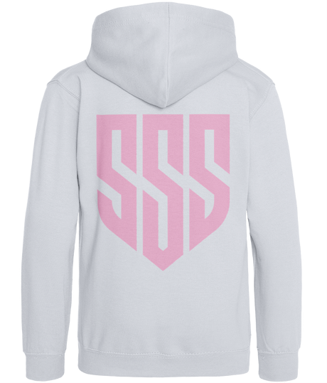 SSS Racing SSS Kids Hoodie (Unisex) white cotton fleece pink shield graphic ribbed cuffs and hem for durable, comfy wear.