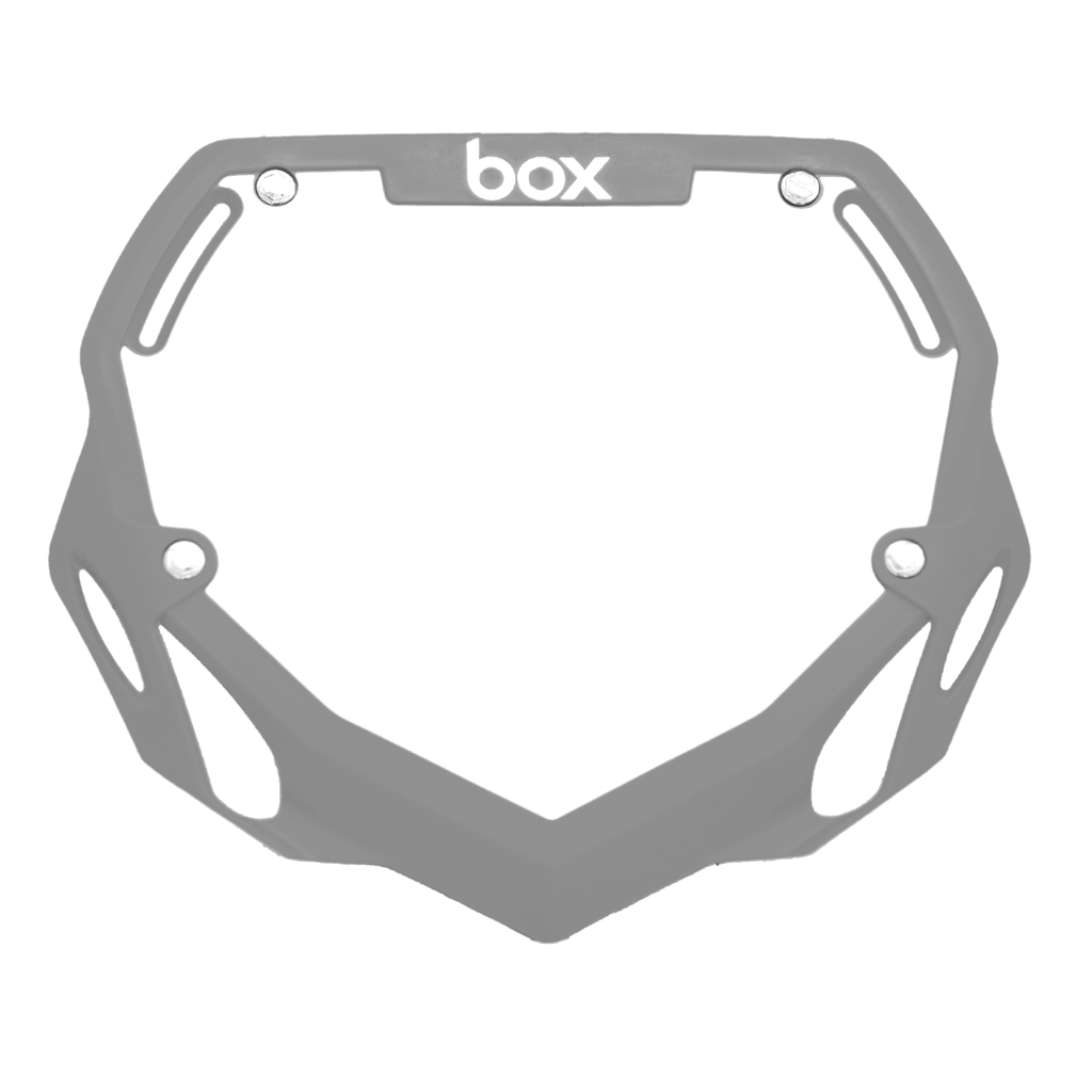 SSS Racing Box Two BMX Number Plates in matte gray polycarbonate, angular shield frame with cutouts and a bold Box logo top.