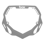 SSS Racing Box Two BMX Number Plates in matte gray polycarbonate, angular shield frame with cutouts and a bold Box logo top.