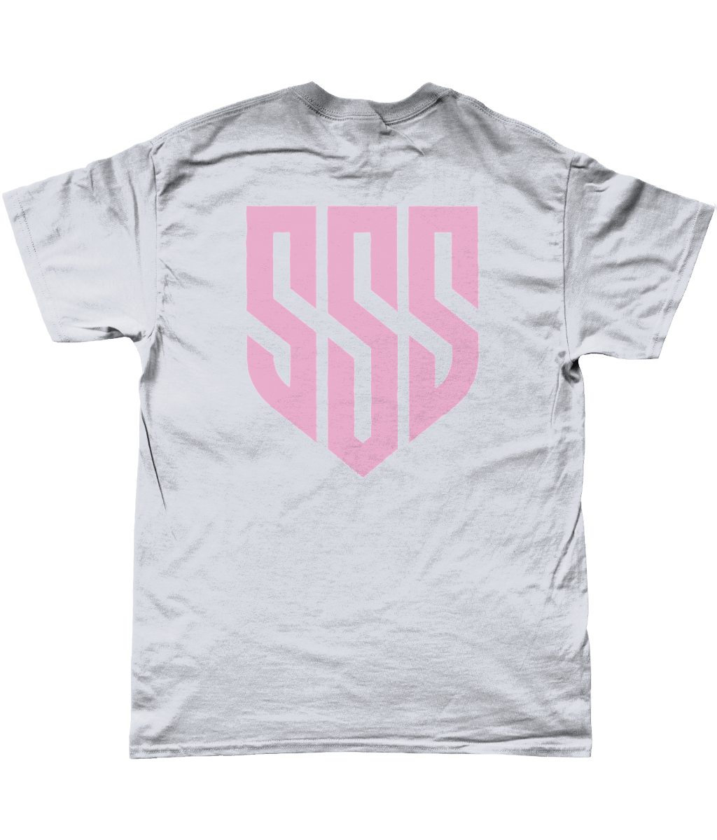 SSS Racing Tee (Unisex T-Shirt) gray cotton tee with pink bold geo logo, durable stitches, unisex fit, stylish daily wear.
