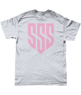 SSS Racing Tee (Unisex T-Shirt) gray cotton tee with pink bold geo logo, durable stitches, unisex fit, stylish daily wear.
