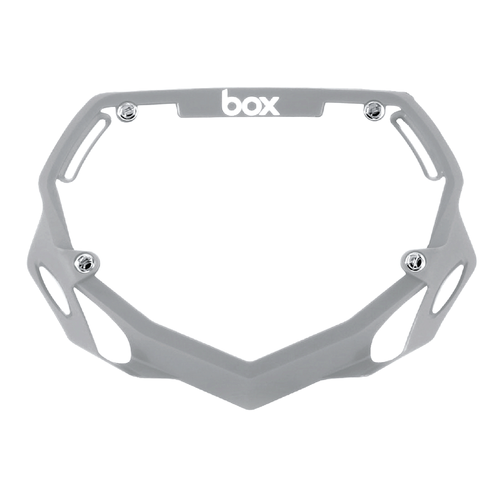 SSS Racing Box Two BMX Number Plates in matte gray polycarbonate with CNC edges, silver hardware, bold 'box' logo center