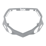 SSS Racing Box Two BMX Number Plates in matte gray polycarbonate with CNC edges, silver hardware, bold 'box' logo center
