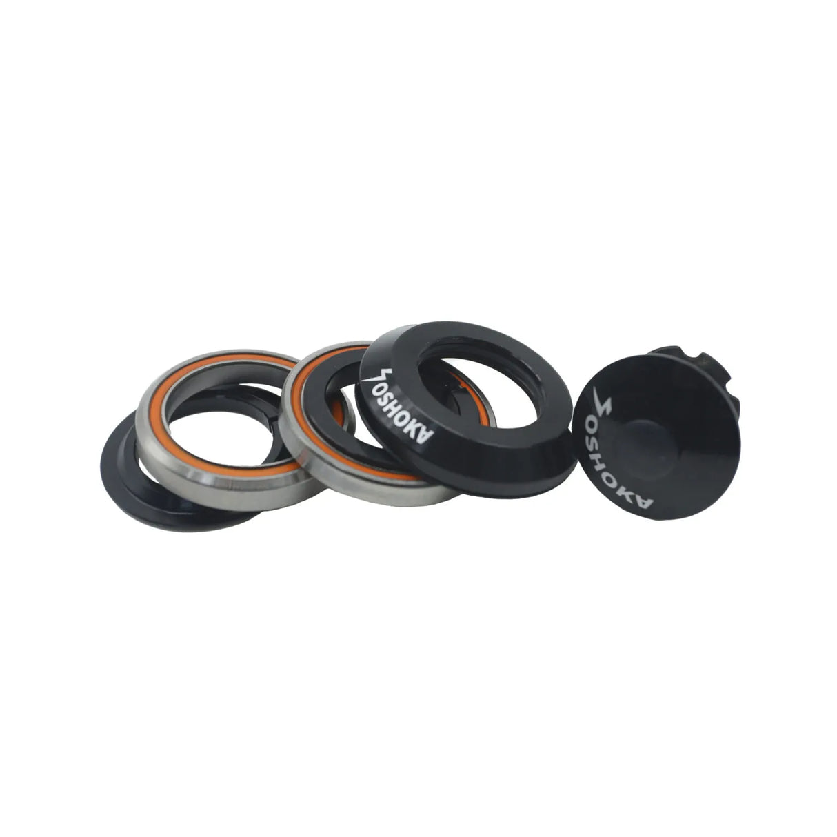 Yoshoka Integrated Headset 1”" black anodized aluminum cups, orange seals, steel spacers, precision bearings, SSS Racing..