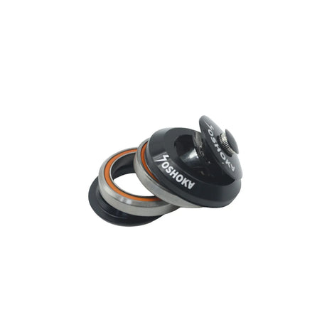 Yoshoka Integrated Headset 1-1/8" features matte black aluminum body, silver rings, orange seal, knurled cap, by SSS Racing.