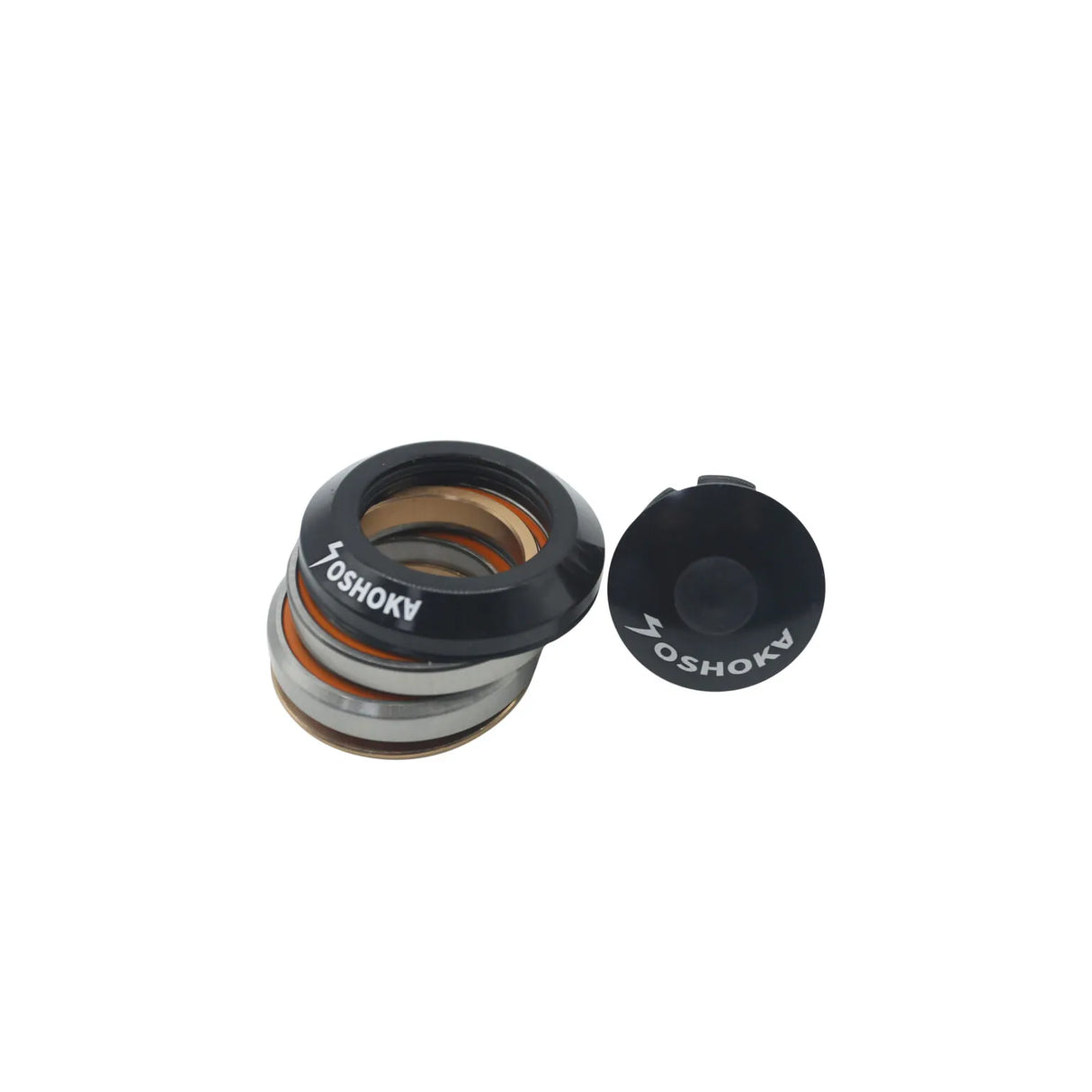 SSS Racing Yoshoka Integrated Headset 1-1/8" black aluminum body with orange O-rings, silver rings, polished cap satin finish.