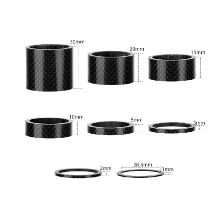 Carbon Headset Spacers 1-1/8" (Pack of 5) by SSS Racing, black carbon fiber spacers with visible weave, multiple heights