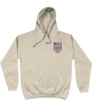 SSS Racing Hoodie (Unisex) beige soft cotton hoodie with gray drawstrings and a pink-purple shield logo on chest pocket.