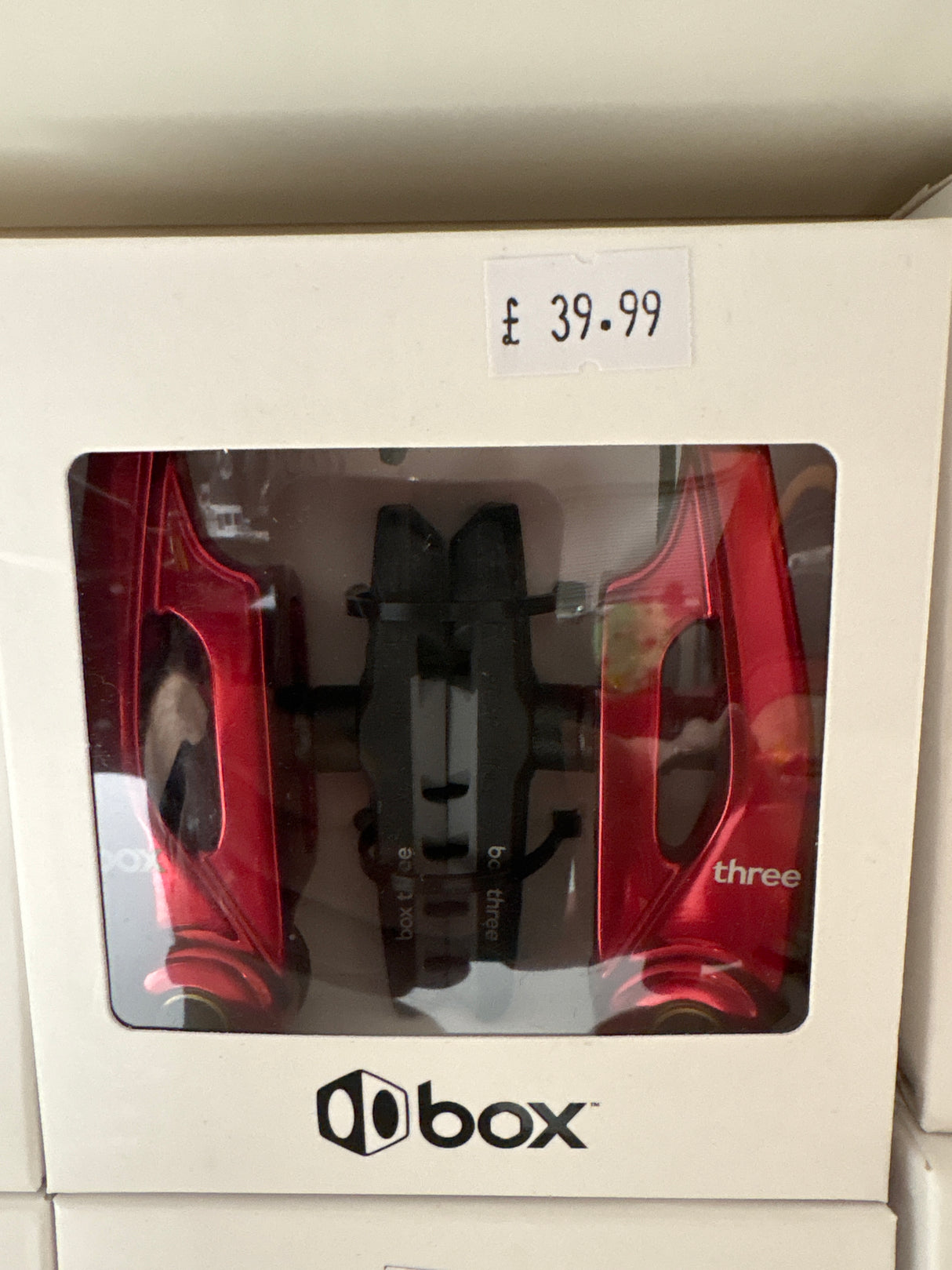 SSS Racing Box Three V-Brake 85mm (Short) red anodized aluminum caliper with black arms and silver hardware, bold logo mark