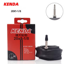 SSS Racing Kenda Inner Tube 20x1-1/8" red box with black stripe, silver valve stem, rolled black tube, bold branding details.