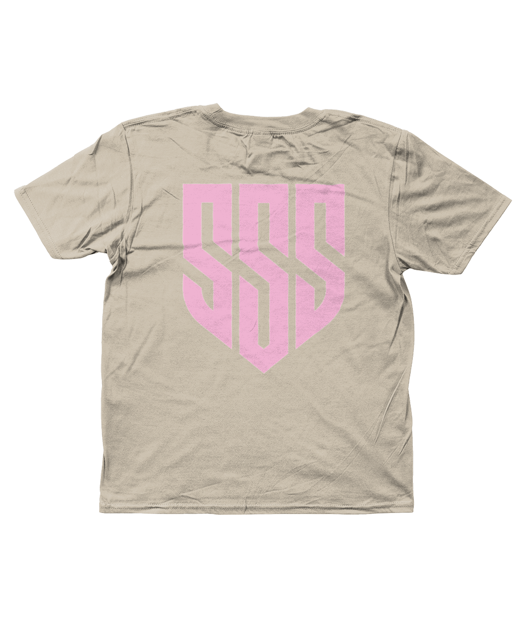 SSS Racing Kids Tee (Unisex T-Shirt) beige cotton fabric with pink geometric shield logo on back comfy, tough kids' apparel.