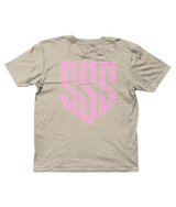 SSS Racing Kids Tee (Unisex T-Shirt) beige cotton fabric with pink geometric shield logo on back comfy, tough kids' apparel.