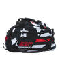 Bombshell Training Kit Bag in black, white, and red with star pattern, compact rounded shape, multiple zip pockets, handles.