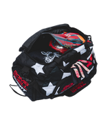 Bombshell Training Kit Bag in black with white stars, red trim, zipper pockets, compact oval shape, tactical vibe for gear.