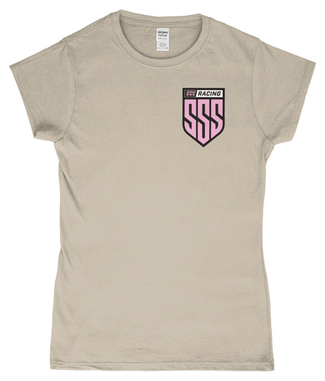 SSS Racing Ladies Tee (T-Shirt) beige cotton blend T-shirt with pink shield logo on chest and bold SSS RACING typography