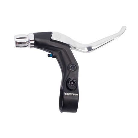 SSS Racing Box Three V-Point Long Reach Brake Lever: black aluminum body, chrome lever, blue adjustment screw, bolts kit