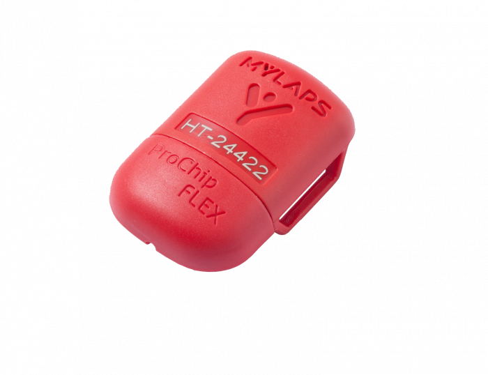 Red PRO CHIP transponder with  'MYLAPS' branding on a white background