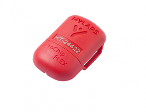Red PRO CHIP transponder with  'MYLAPS' branding on a white background