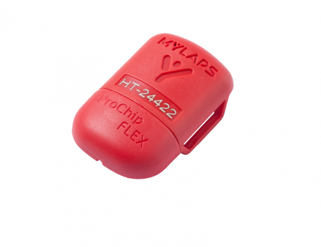 Red PRO CHIP transponder with  'MYLAPS' branding on a white background
