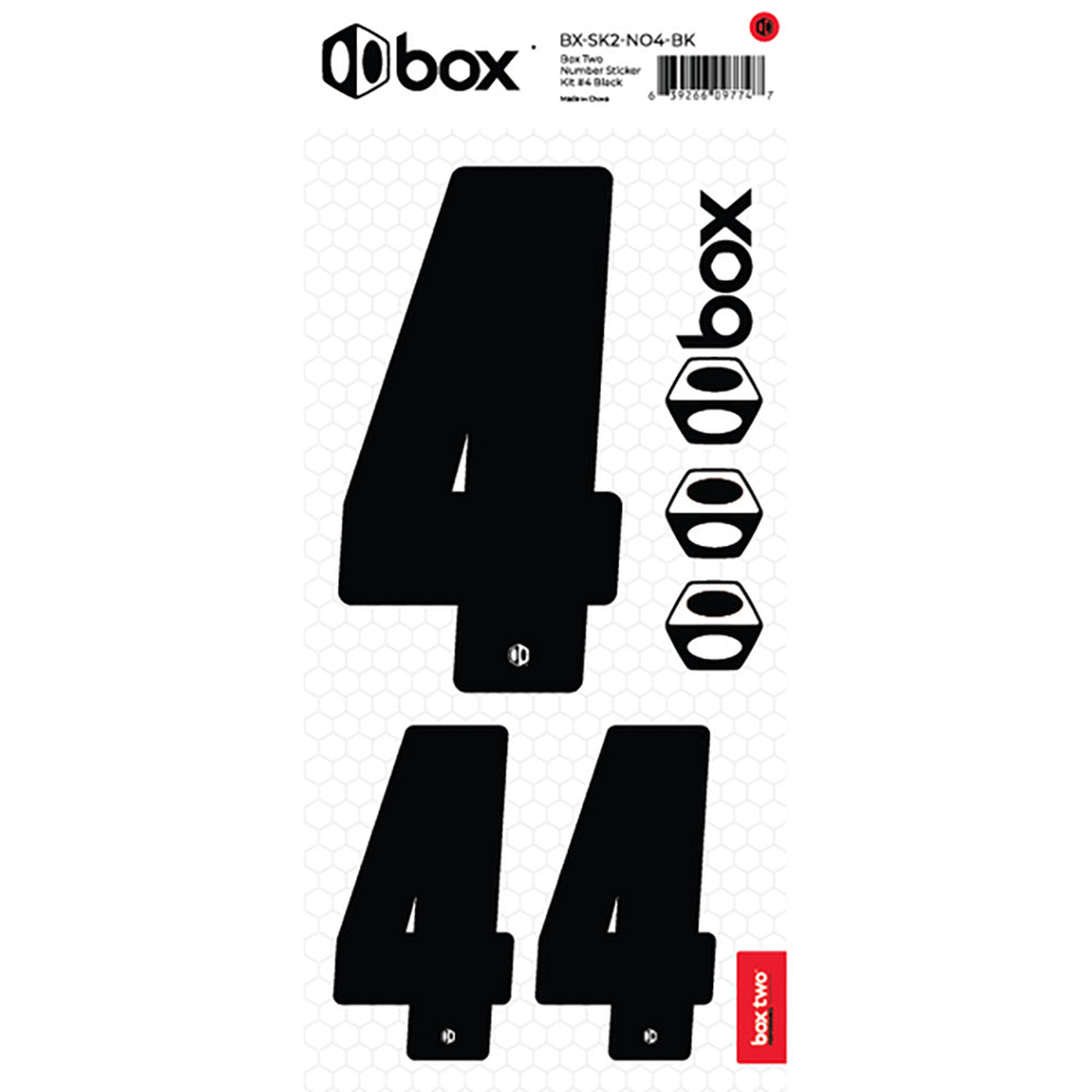 SSS Racing Box Two Number Plate Sticker Kits - Black with bold black 4s, white outlines, honeycomb backdrop, vinyl stickers