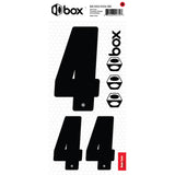SSS Racing Box Two Number Plate Sticker Kits - Black with bold black 4s, white outlines, honeycomb backdrop, vinyl stickers