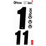 SSS Racing Box Two Number Plate Sticker Kits - Black with bold black digits on hex honeycomb background, vinyl decals packs.