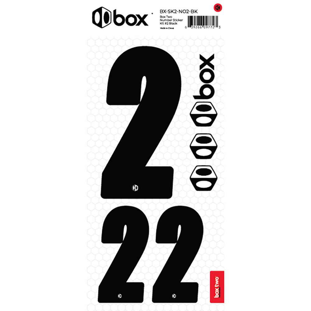 SSS Racing Box Two Number Plate Sticker Kits - Black with black numerals on white hex background, durable vinyl stickers.