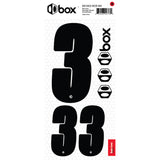 SSS Racing Box Two Number Plate Sticker Kits - Black: bold black numbers 3 and 33 on white hex grid, durable vinyl decals.