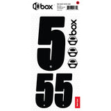 SSS Racing Box Two Number Plate Sticker Kits - Black: black 5 and 55 numerals on hex honeycomb background, vinyl decals!!!
