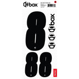 SSS Racing Box Two Number Plate Sticker Kits - Black: black vinyl numbers on white hex grid, bold 8s for front plates kit