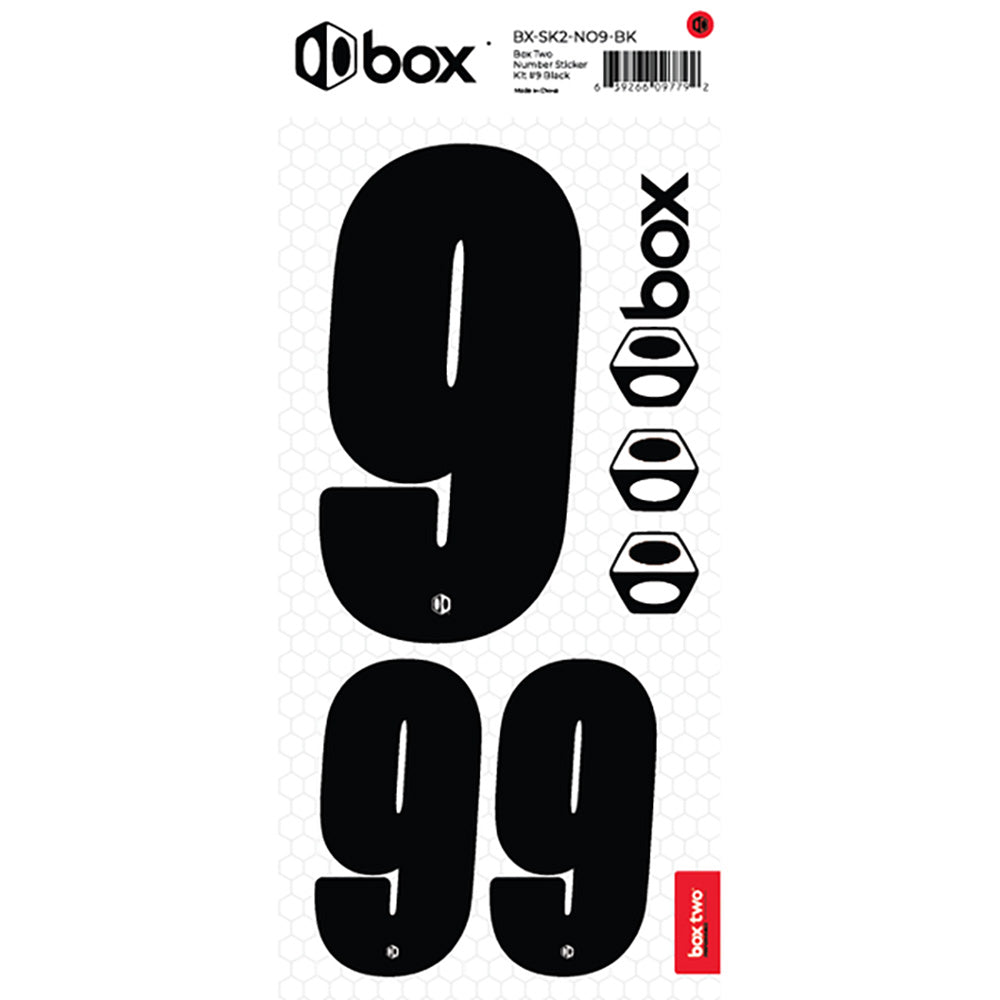 SSS Racing Box Two Number Plate Sticker Kits - Black featuring bold black numerals on white hex grid, durable vinyl decals.