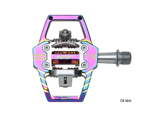 SSS Racing HT T2-SX BMX Racing Clip Pedals feature iridescent purple-pink anodized aluminum body, steel cage, gold pins.